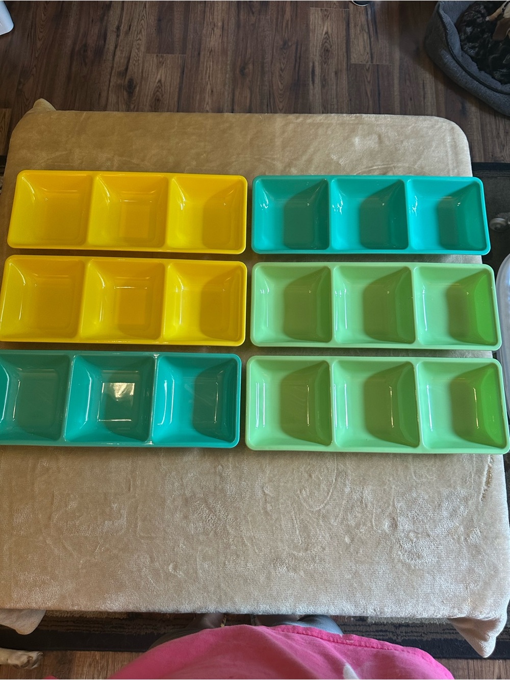 Multi-Pack Plastic Divided Serving Trays - Yellow, Teal, Light Green